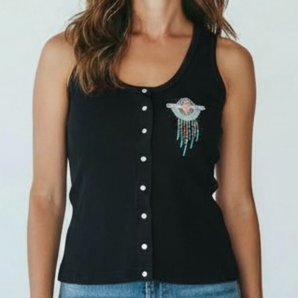 Vintage Harley-Davisdon Black Ribbed Snap Button Scoop Neck Top Women's Size M